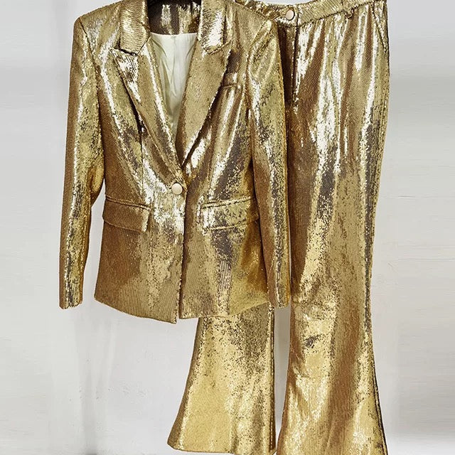 Gold Sequins Pant Suit Two Piece Sets Ashore Shop