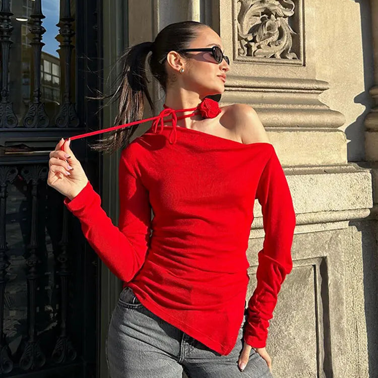 2024-Summer-Red-Elegant-3d-Flower-Tops-Ashoreshop-Femlae-Long-Sleeve-Tee