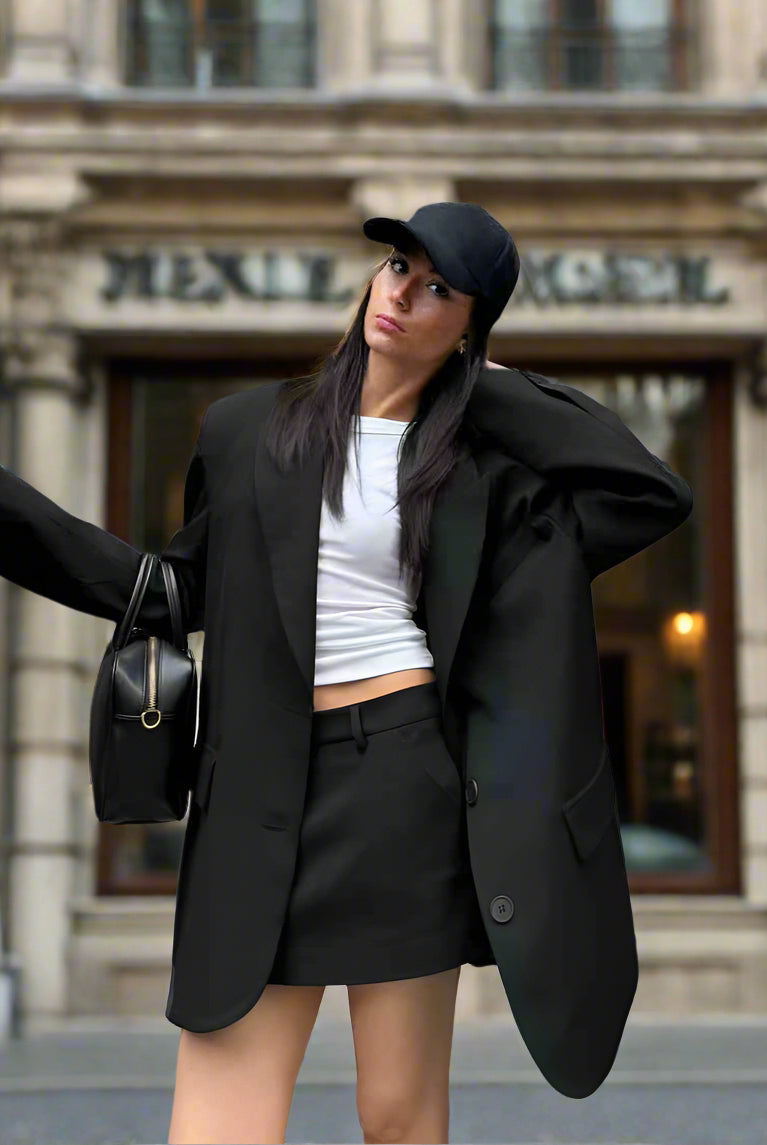 2025_Women_spring_new_fashionable_loose_hot_trend_wider_drop_pad_shoulder_skirt_sets-black