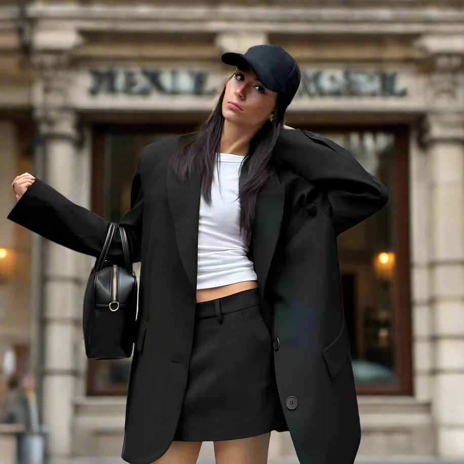 2025_Women_spring_new_fashionable_loose_hot_trend_wider_drop_pad_shoulder_skirt_sets-black