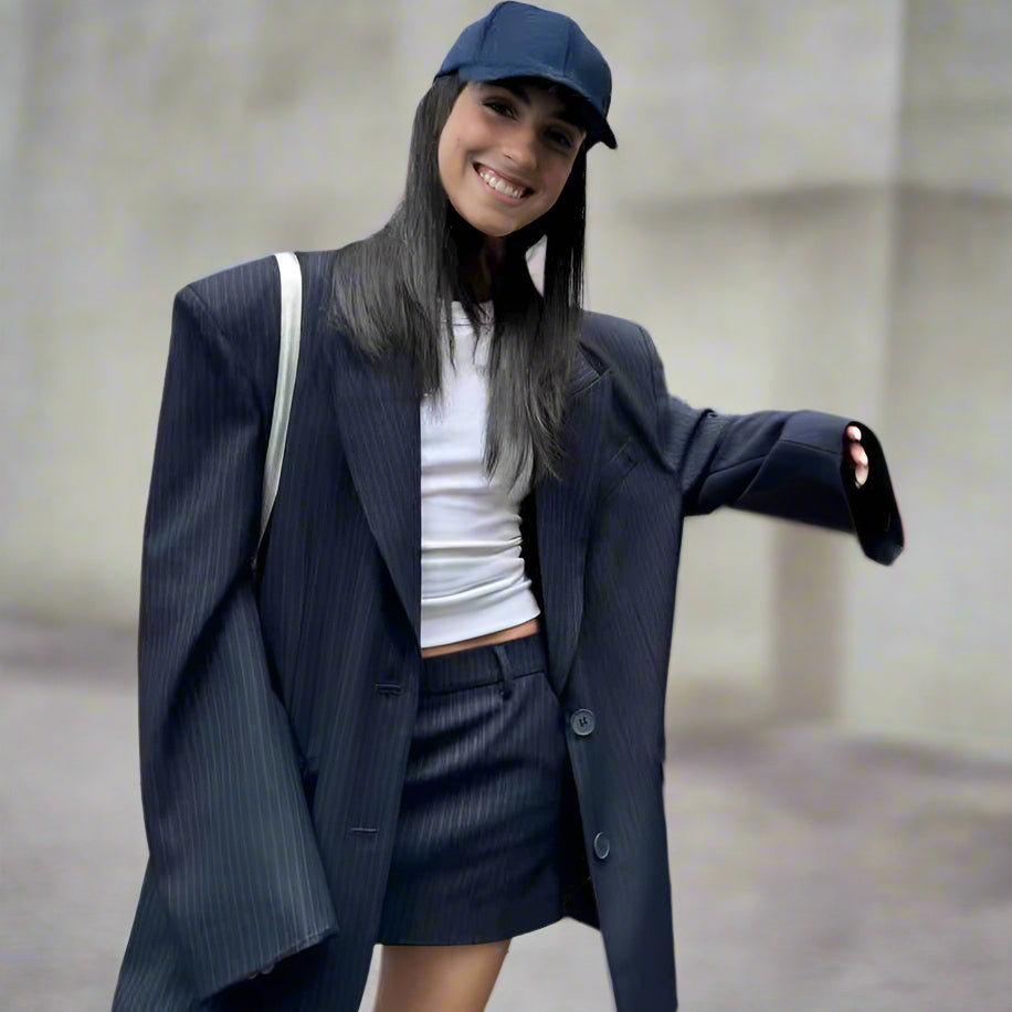 2025_Women_spring_new_fashionable_loose_hot_trend_wider_drop_pad_shoulder_skirt_sets-navy