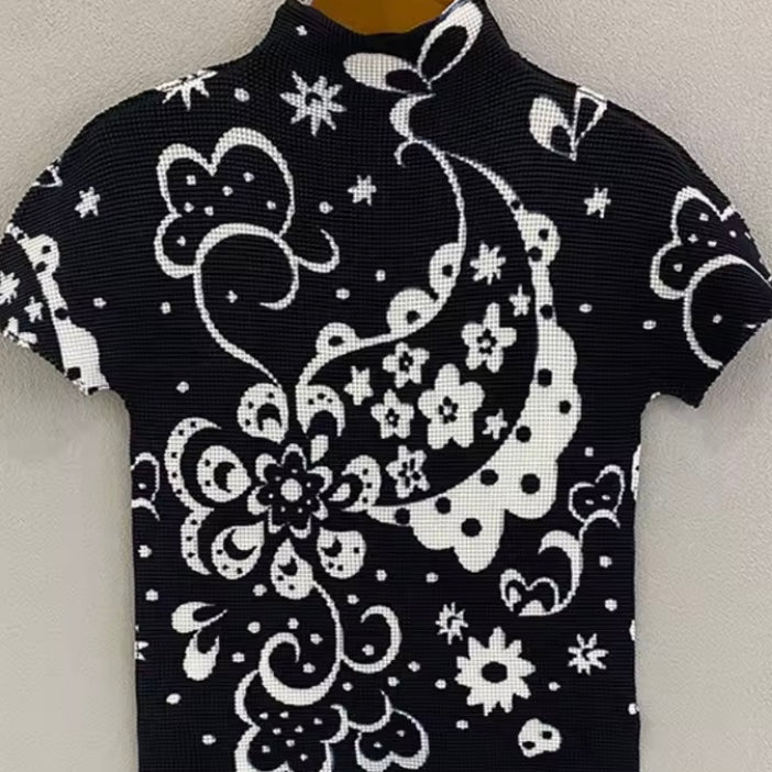 Ashore Ripple Stretch color block printting pleated t-shirt for women summer
