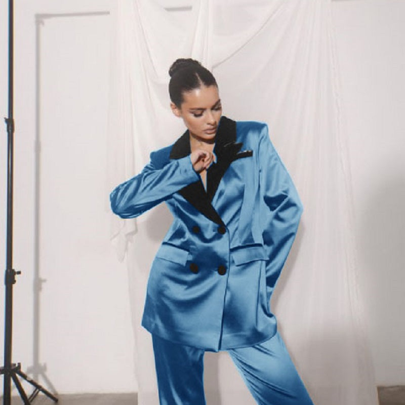 Tailor Suite Women's Loose Satin Double-breasted Two-piece Pant Suit