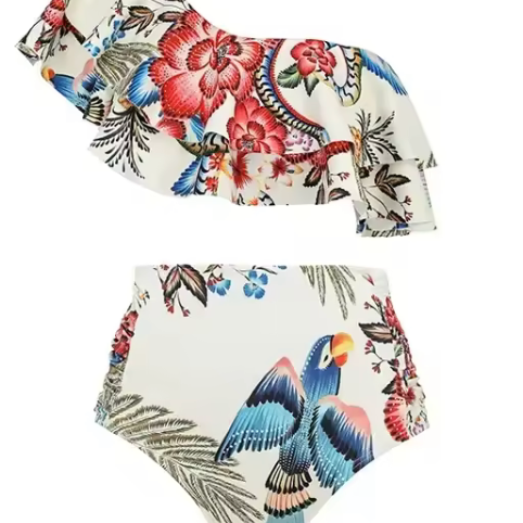 Vintage Print Split Bikini Swimwear Women Set Strapless Puff Sleeve Swimsuit Cover-ups