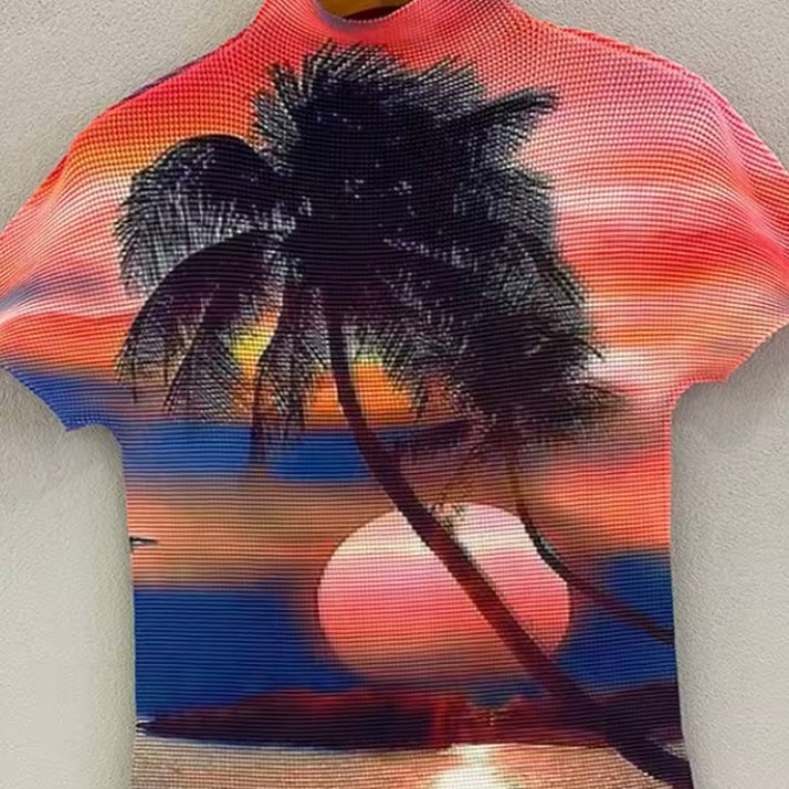 Ashore Ripple Stretch color block printting pleated t-shirt for women summer