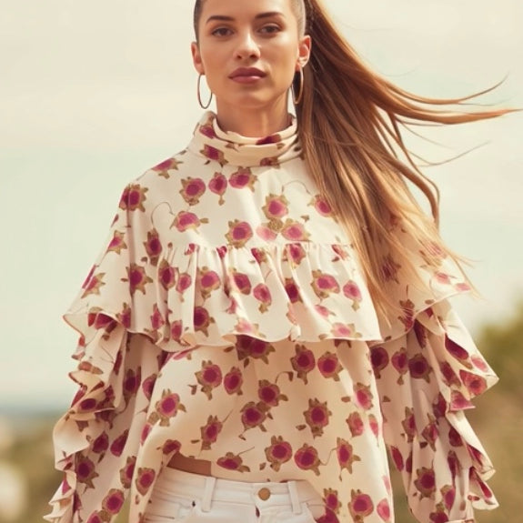Spring Summer Flower Print Ruffle Blouse