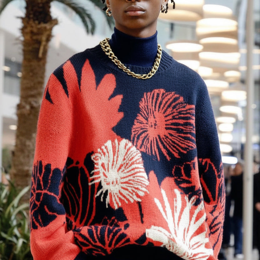 ASHORE®️ Unisex Tropical Jacquard Pattern Crew Neck Pullover Sweaters