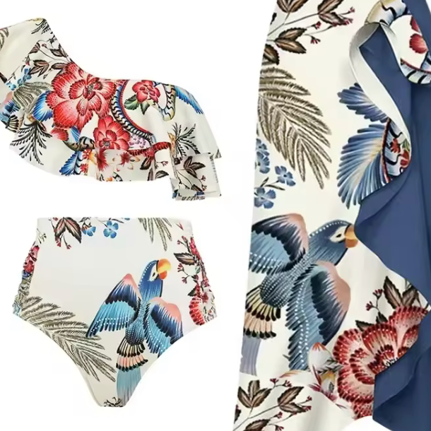 Vintage Print Split Bikini Swimwear Women Set Strapless Puff Sleeve Swimsuit Cover-ups