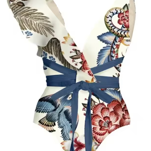 Vintage Print Split Bikini Swimwear Women Set Strapless Puff Sleeve Swimsuit Cover-ups
