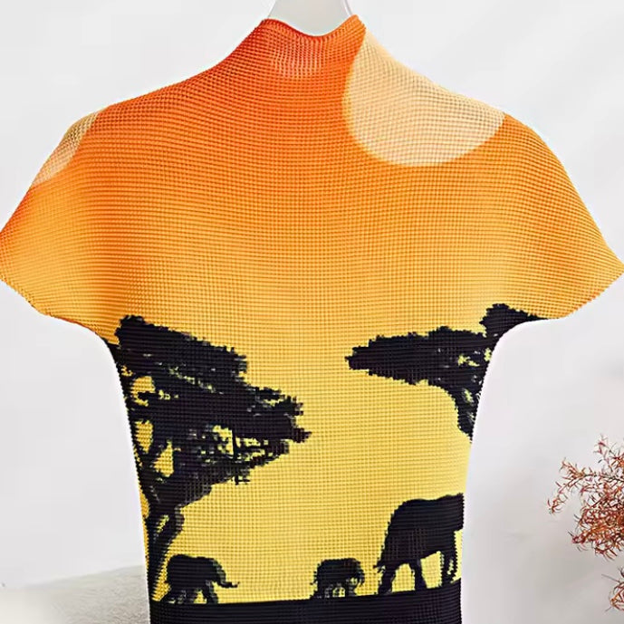 Ashore Ripple Stretch color block printting pleated t-shirt for women summer