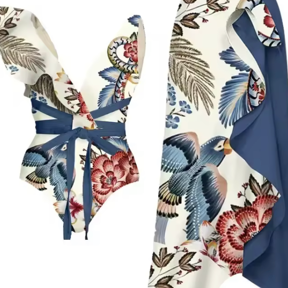 Vintage Print Split Bikini Swimwear Women Set Strapless Puff Sleeve Swimsuit Cover-ups