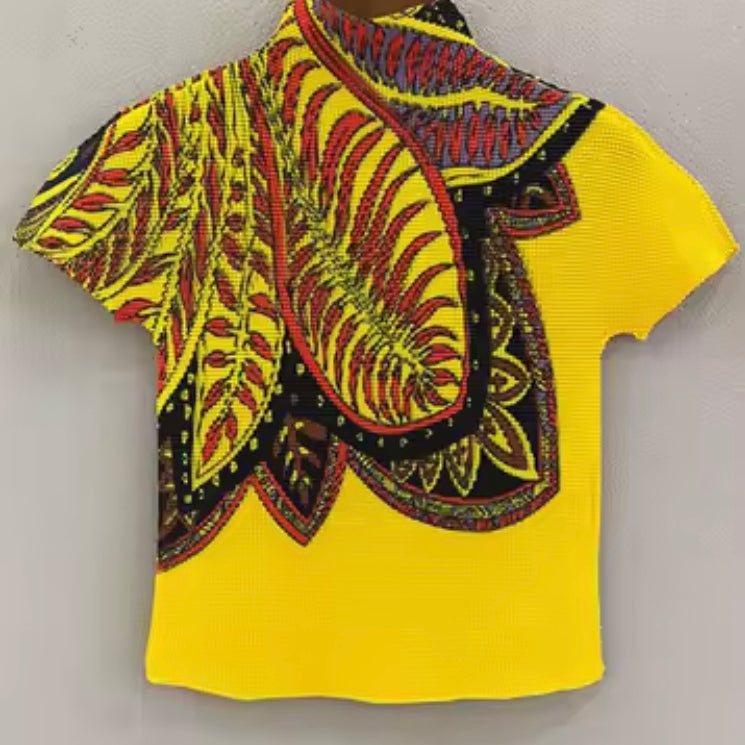 Ashore Ripple Stretch color block printting pleated t-shirt for women summer