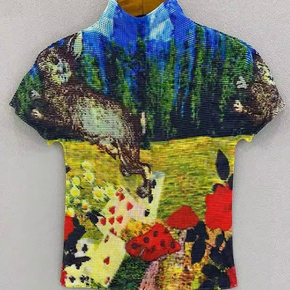 Ashore Ripple Stretch color block printting pleated t-shirt for women summer