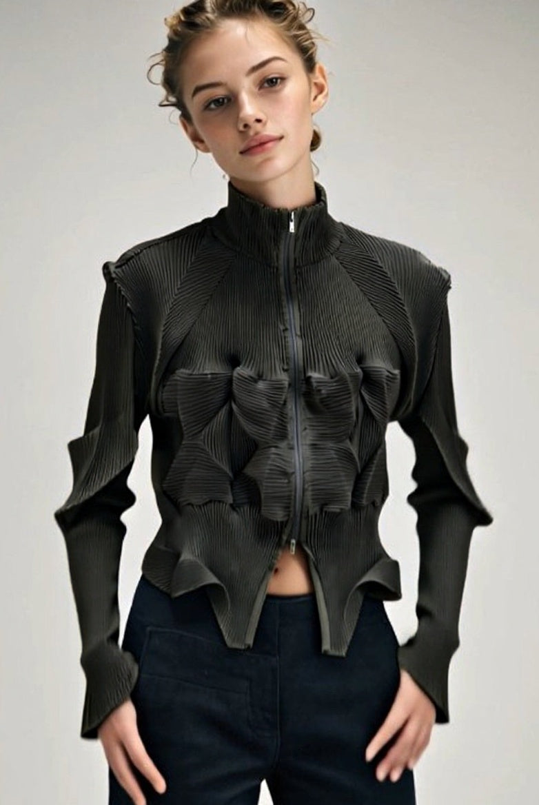 ASHORE_Ripple_Stretch_elegant_women_s_pleated_shirt_zipper_front_cardiga-black