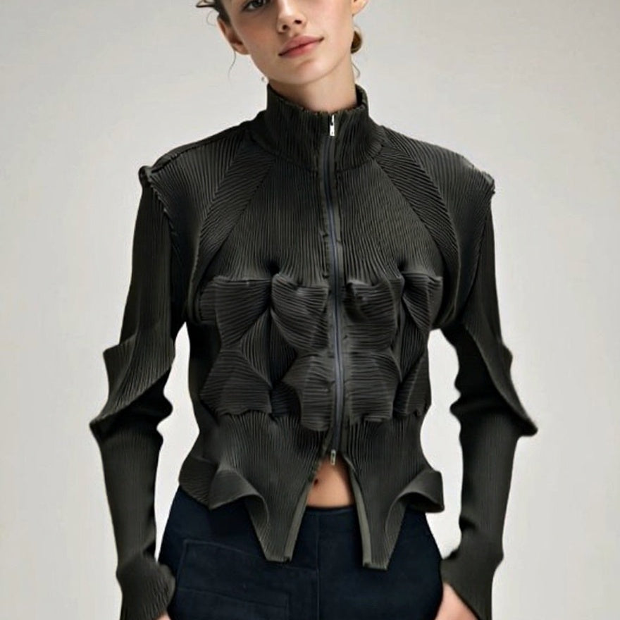 ASHORE_Ripple_Stretch_elegant_women_s_pleated_shirt_zipper_front_cardiga-black