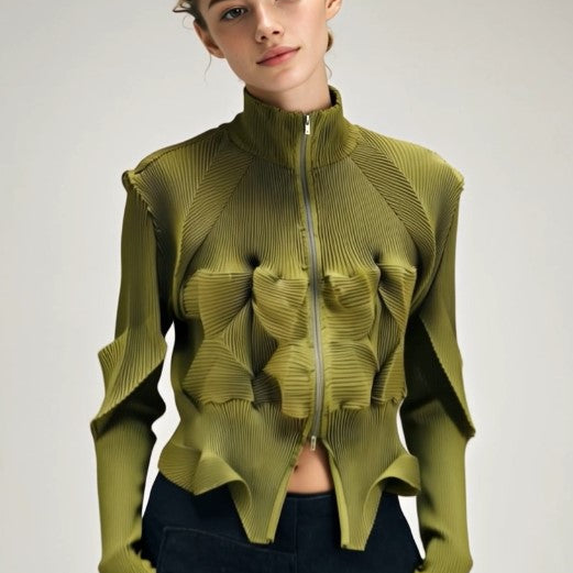 ASHORE_Ripple_Stretch_elegant_women_s_pleated_shirt_zipper_front_cardiga-green