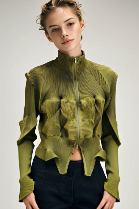 ASHORE_Ripple_Stretch_elegant_women_s_pleated_shirt_zipper_front_cardiga-green