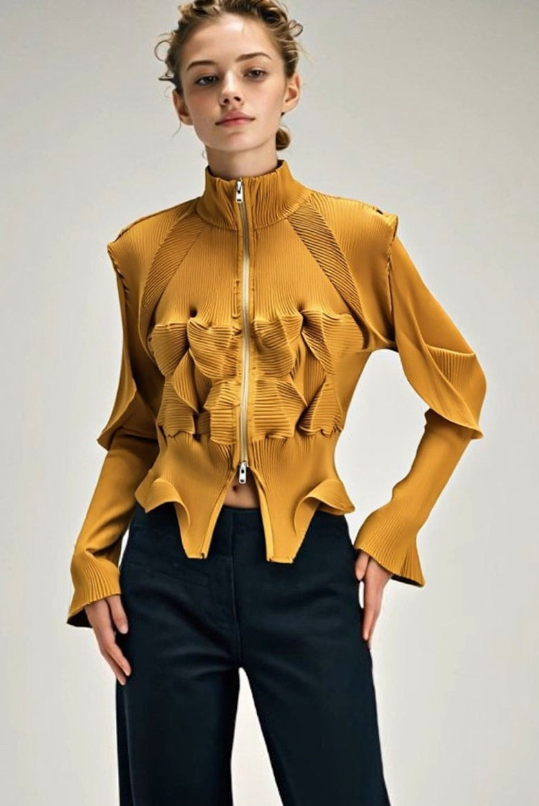 ASHORE_Ripple_Stretch_elegant_women_s_pleated_shirt_zipper_front_cardiga-orange