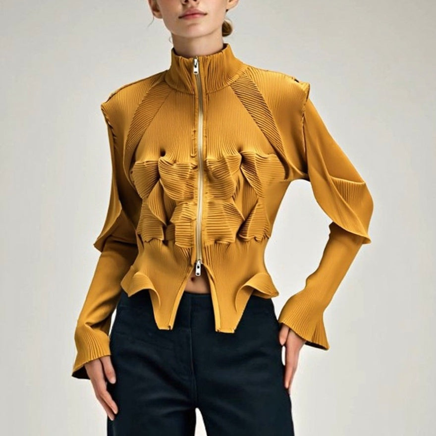 ASHORE_Ripple_Stretch_elegant_women_s_pleated_shirt_zipper_front_cardiga-orange