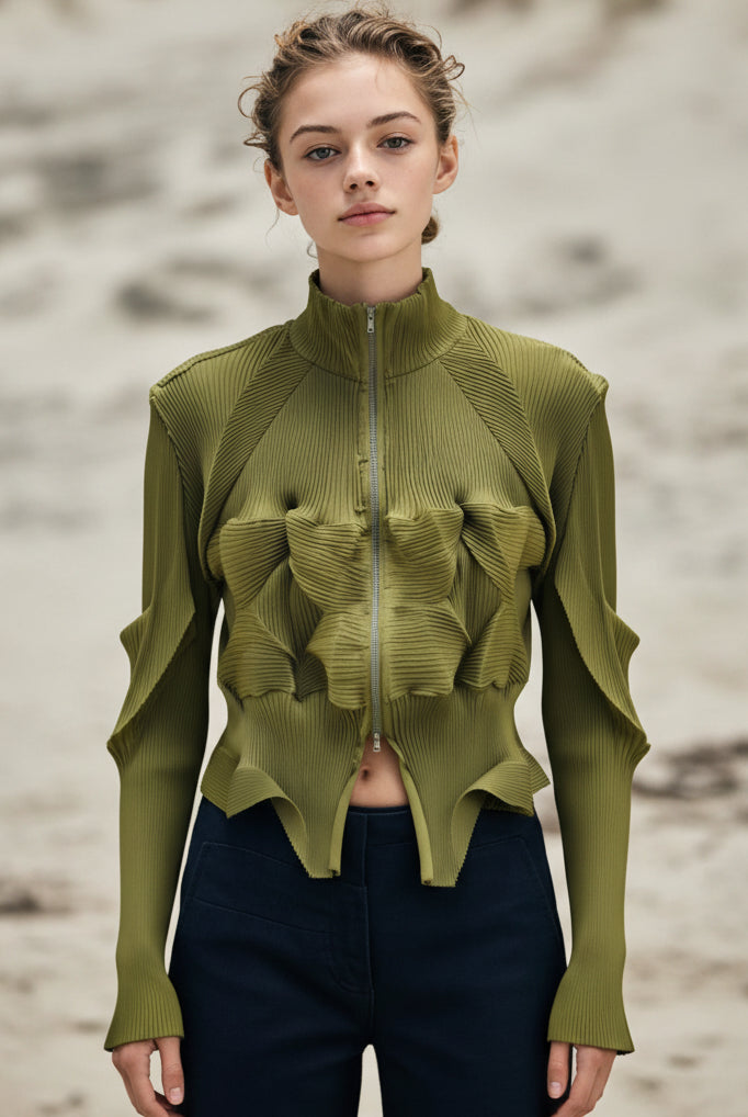 ASHORE_Ripple_Stretch_elegant_women_s_pleated_shirt_zipper_front_cardigan