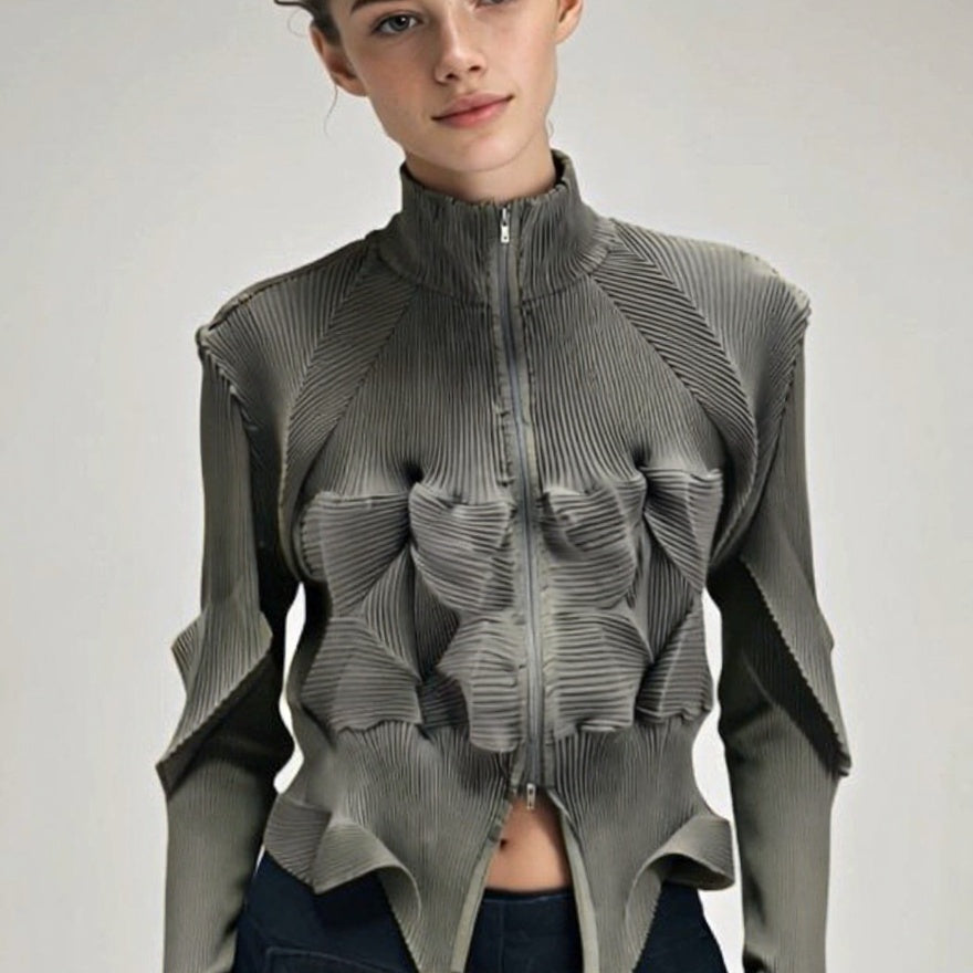 ASHORE_Ripple_Stretch_elegant_women_s_pleated_shirt_zipper_front_cardiigan-green