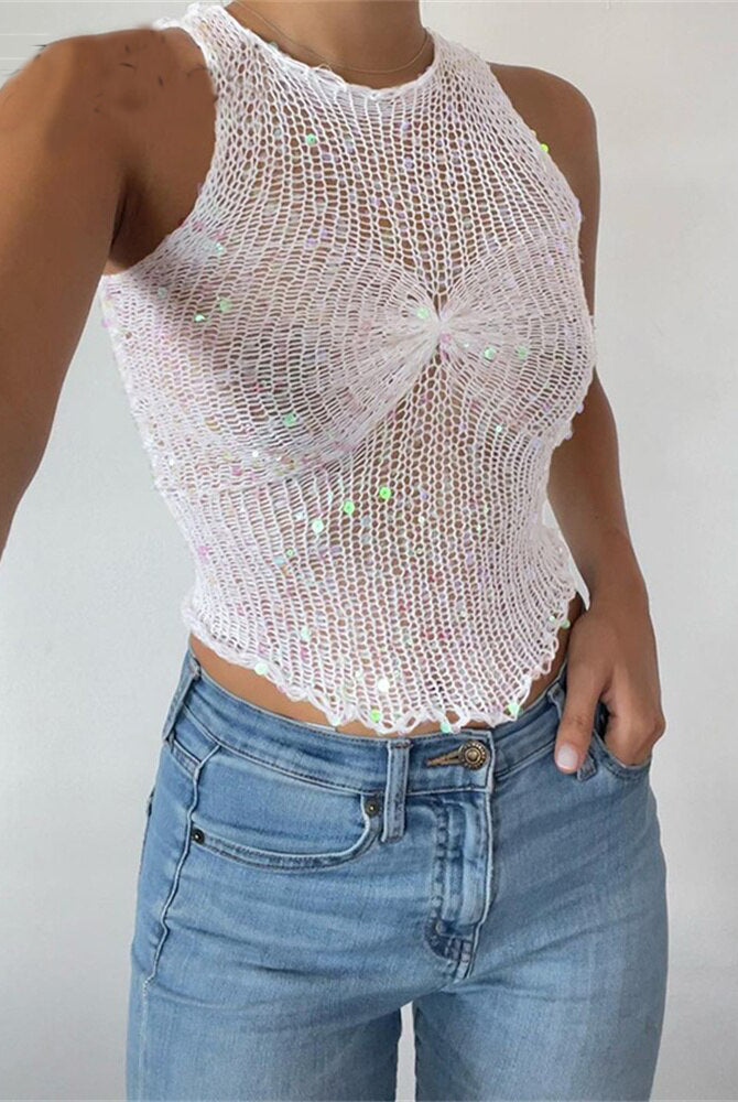 Ashoreshop Knitted Sequins O Neck Sleeveless Crop Top Women Summer Y2K Sexy Casual Hollow Out Tank Top Party Club Outfits Basic Tees