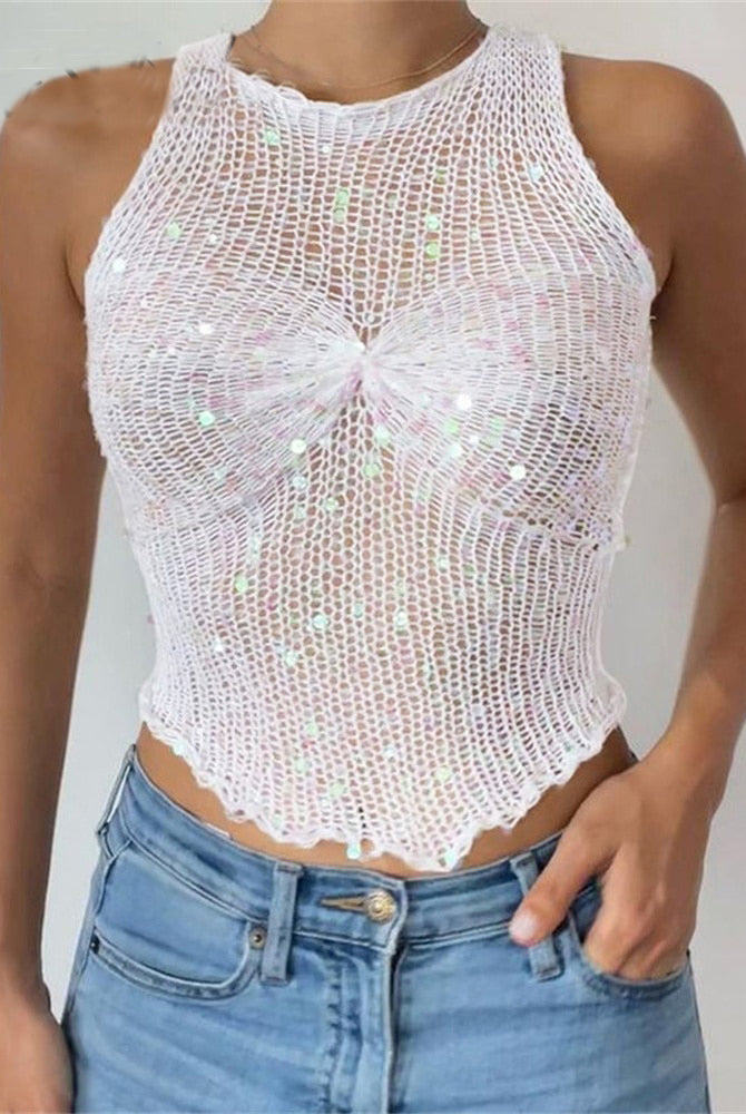 Ashoreshop Knitted Sequins O Neck Sleeveless Crop Top Women Summer Y2K Sexy Casual Hollow Out Tank Top Party Club Outfits Basic Tees