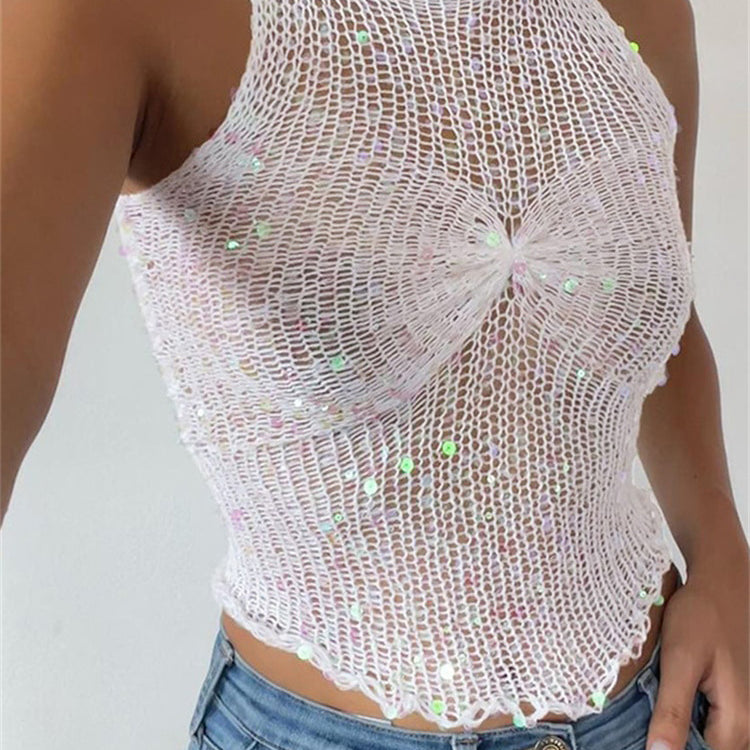 Ashoreshop Knitted Sequins O Neck Sleeveless Crop Top Women Summer Y2K Sexy Casual Hollow Out Tank Top Party Club Outfits Basic Tees