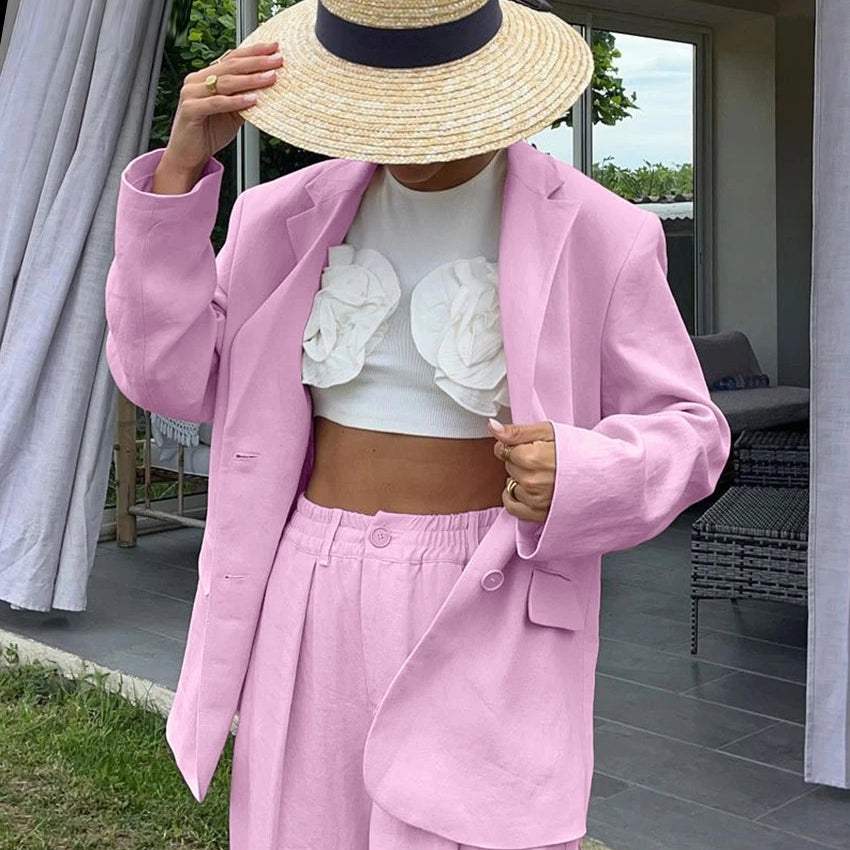 Sustain Loose Pink Cotton 2 Piece Sets Women Outfit 2024 Elegant Long Sleeve Blazer With High Waist Wide Pants Set Female