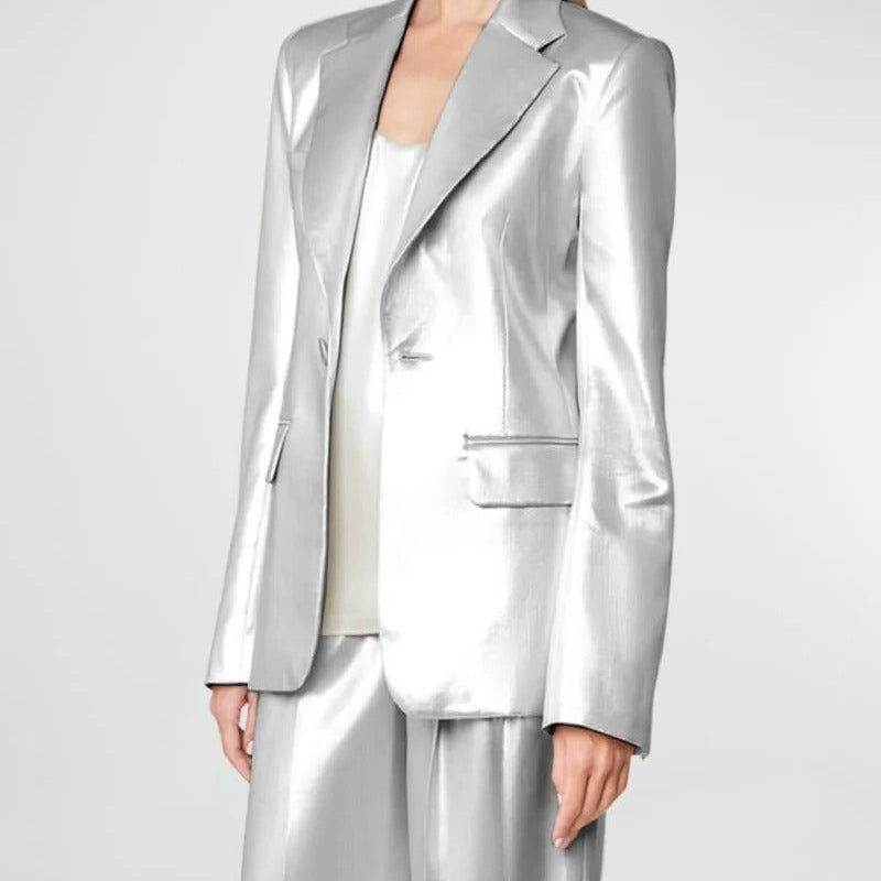 Contemporary Satin Suit Set with Blazer and Trousers Custom Size Support