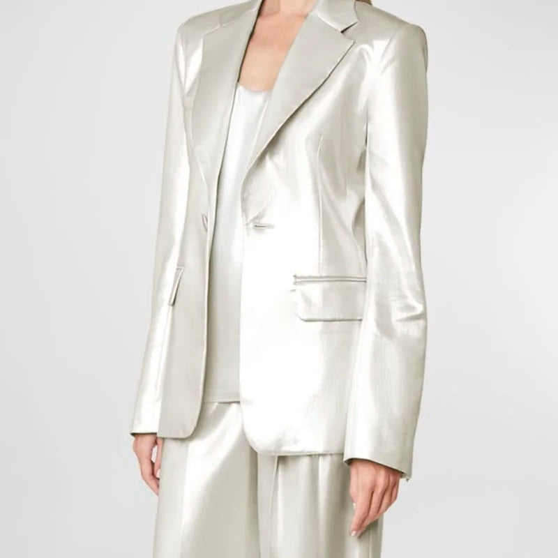 Contemporary Satin Suit Set with Blazer and Trousers Custom Size Support