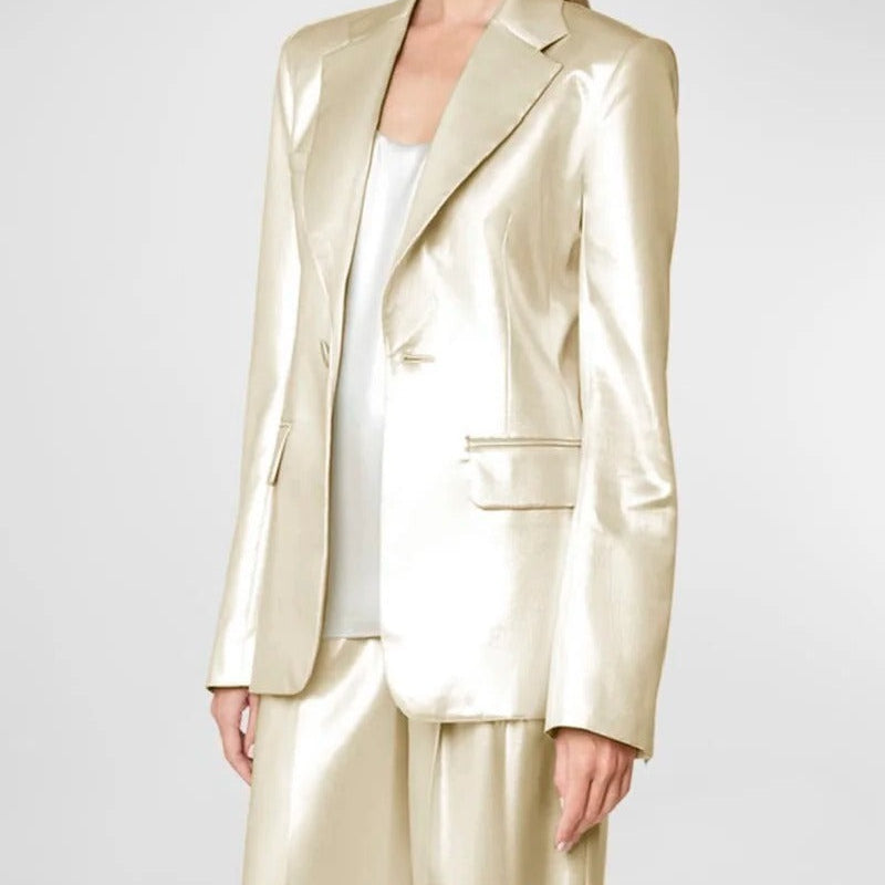 Contemporary Satin Suit Set with Blazer and Trousers Custom Size Support