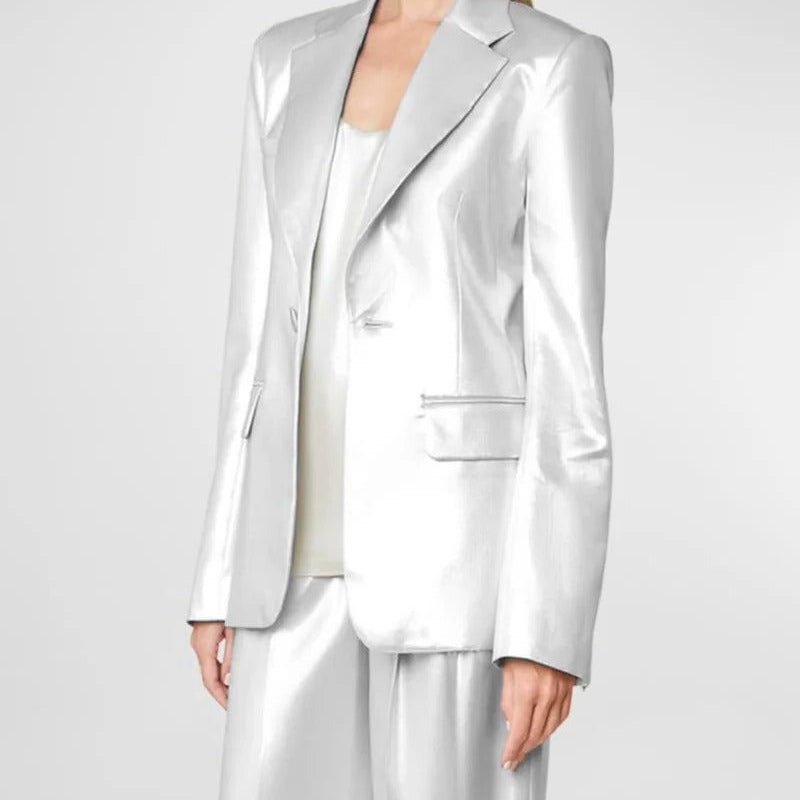 Contemporary Satin Suit Set with Blazer and Trousers Custom Size Support