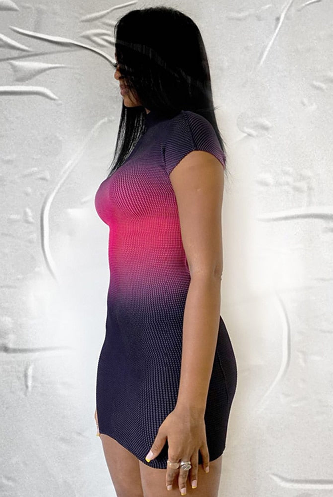 Ashore Shop Innovative Ripple Stretch one size fit all Short Sleeves Gradient Sexy Bodycon Skinny Mini Dress