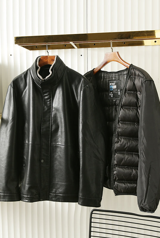 Ashore Shop Mens WInter Coat Large size Detachable liner men's autumn and winter down cotton 2 in 1 leather jacket