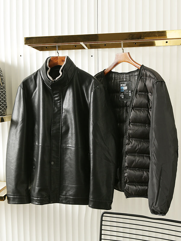 Ashore Shop Mens WInter Coat Large size Detachable liner men's autumn and winter down cotton 2 in 1 leather jacket