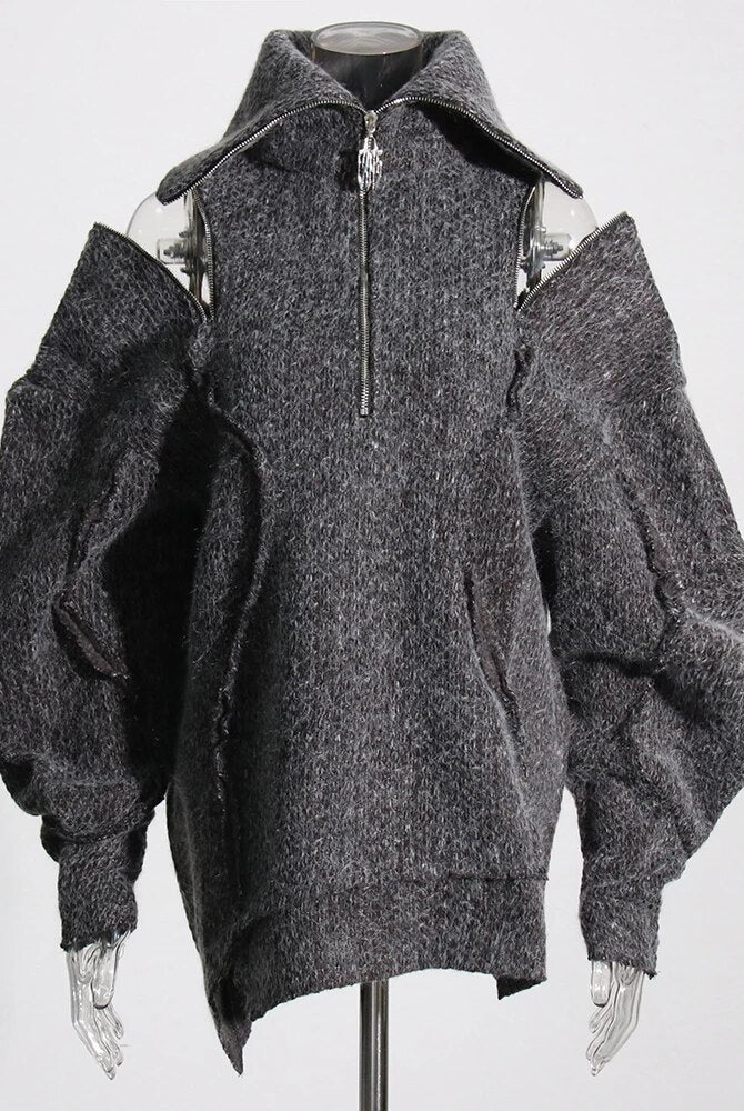 Asho-2re Boutique Zipper Off Shoulder Sweater For Women