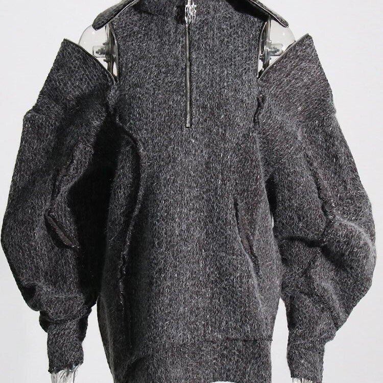 Asho-2re Boutique Zipper Off Shoulder Sweater For Women