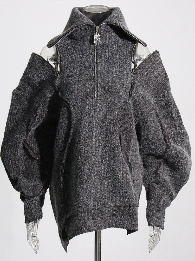 Asho-2re Boutique Zipper Off Shoulder Sweater For Women