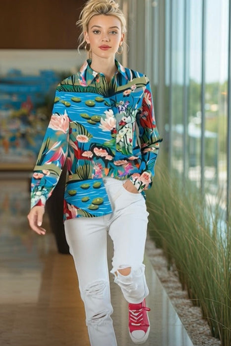 Ashore_Lily_Pond_Painting_Women_Graphic_long_Sleeve_Shirts