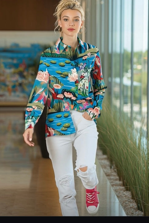 Ashore_Lily_Pond_Painting_Women_Graphic_long_Sleeve_Shirts