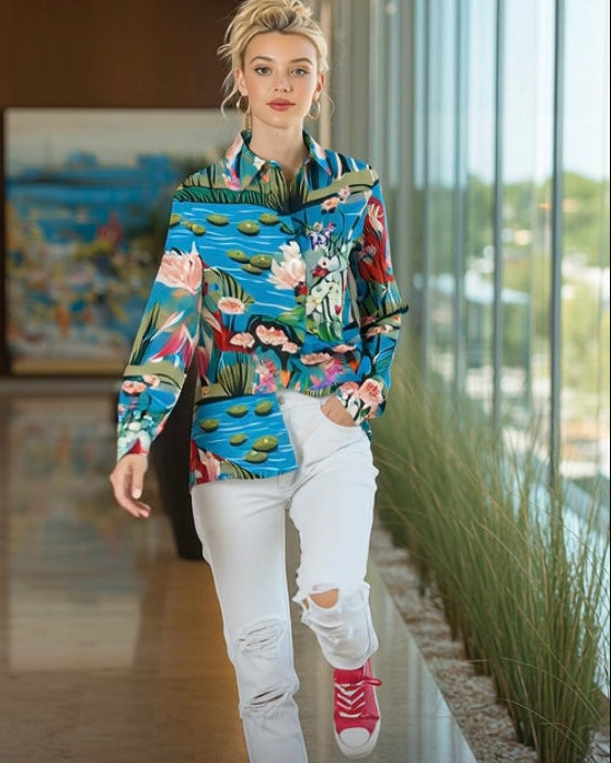 Ashore_Lily_Pond_Painting_Women_Graphic_long_Sleeve_Shirts