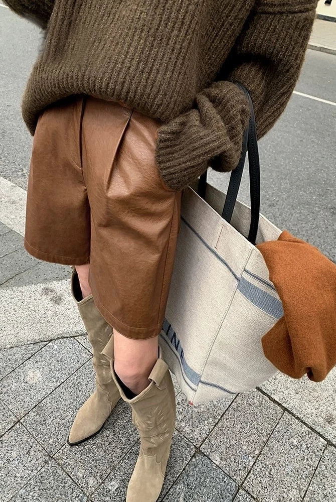 Ashore Shop-Womens-leater-shorts-Women-Leisure-Cozy-High-Waist-Pu-Shorts