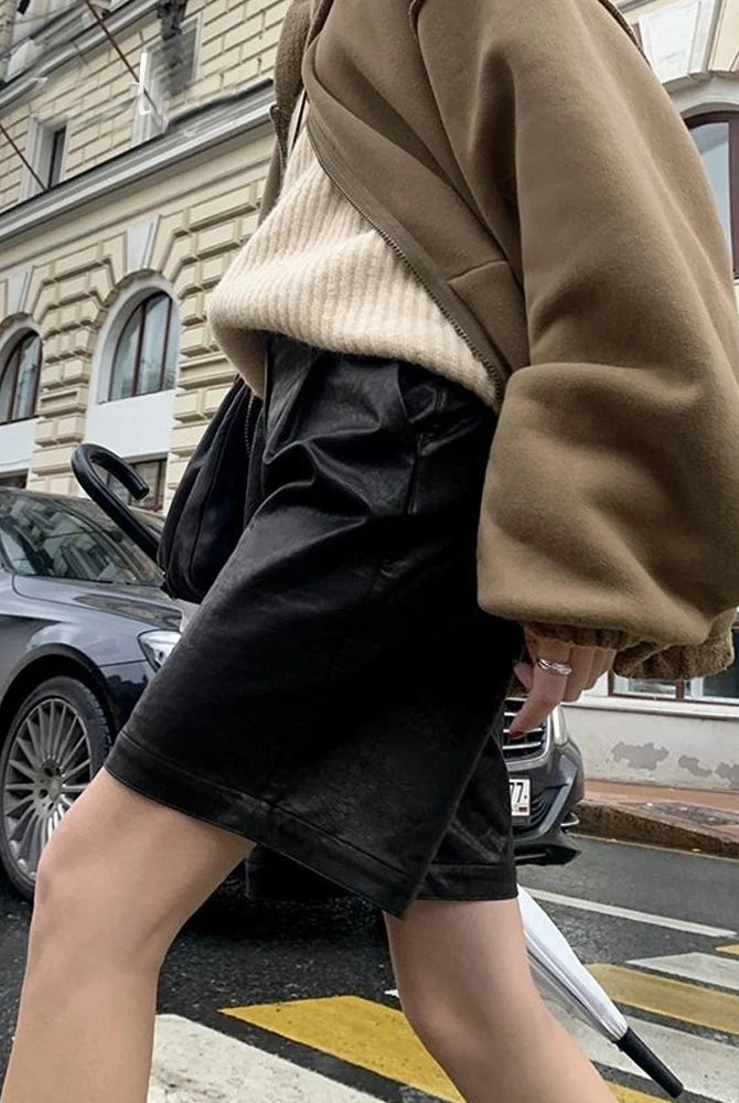 Ashore Shop-Womens-leater-shorts-Women-Leisure-Cozy-High-Waist-Pu-Shorts4