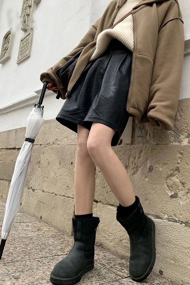 Ashore Shop-Womens-leater-shorts-Women-Leisure-Cozy-High-Waist-Pu-Shorts5