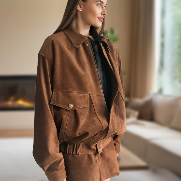 Ashore_Shop_2025_Women_s_Faux_Suede_Two_Piece_Outfit_Sets_Loose_bomber_jackets_and_mini_skirts-brown