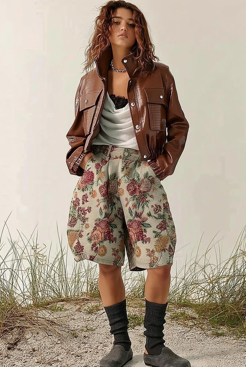 Ashore_Shop_Dark_Burgundy_Crocodile_Texture_Motorcycle_Jackets_and_Flower_Jacquard_Baggy_Shorts-3