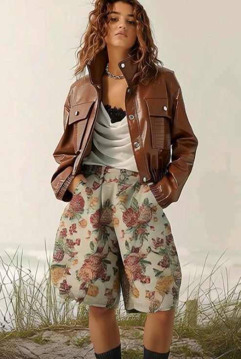 Ashore_Shop_Dark_Burgundy_Crocodile_Texture_Motorcycle_Jackets_and_Flower_Jacquard_Baggy_Shorts-4