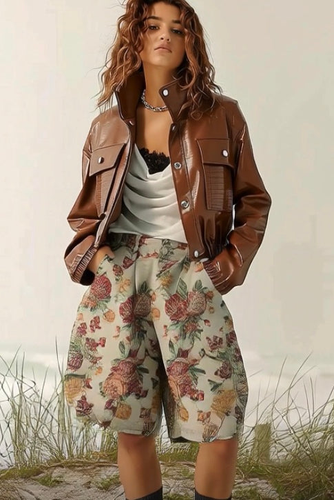Ashore_Shop_Dark_Burgundy_Crocodile_Texture_Motorcycle_Jackets_and_Flower_Jacquard_Baggy_Shorts-5