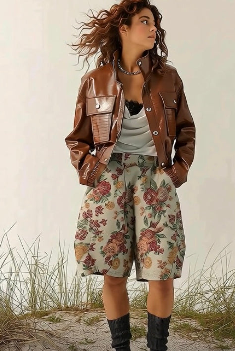 Ashore_Shop_Dark_Burgundy_Crocodile_Texture_Motorcycle_Jackets_and_Flower_Jacquard_Baggy_Shorts